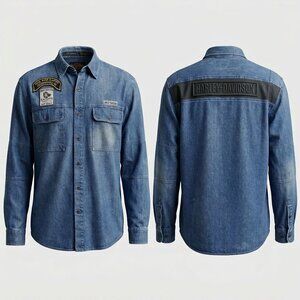 Harley-Davidson Long Sleeve L Denim Shirt Embroidered Patch Chapter Wisconsin